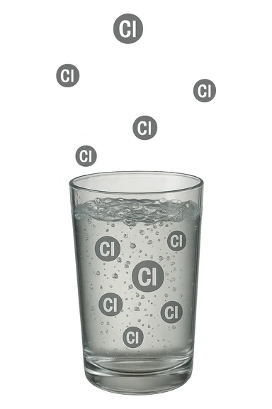 un bicchiere di acqua cade verticalmente dall'alto realistico e dettagliato, dentro l'acqua del bicchiere ci sono particelle di cloro ben visibili con la scritta "Cl" sopra, ci sono particelle anche che escono dal bicchiere e fluttuano in aria verticalmente, mentre alcune sono all'interno dell'acqua nel bicchiere, iperrealistico 4k sticker