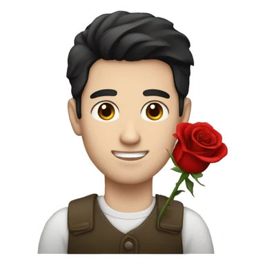 A man with pale skin and black hair holding a red rose sticker