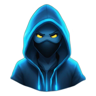 developer behind his laptop with the style of Riot Games Valorant neon blue eyes glowing bright blue character blue black hooded assassin themed character sticker