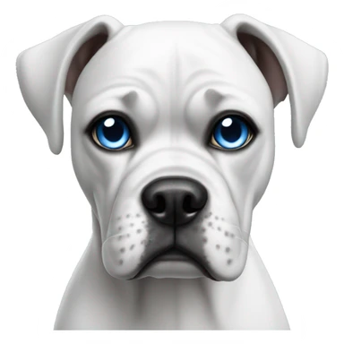 White boxer dog with one blue eye sticker