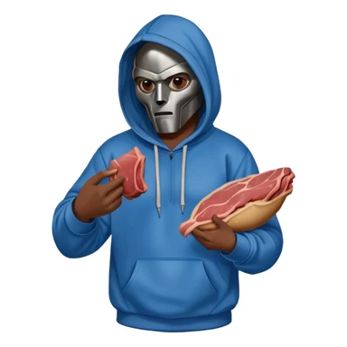 MF DOOM in a blue hoodie holding a piece of meat sticker