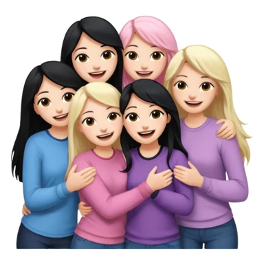 Girlfriend emoji - 5 white girlfriends, two with long dark black hair, one with medium blonde hair, one with long pale pink hair, one with short light blonde hair.  They should be laughing and hugging  sticker