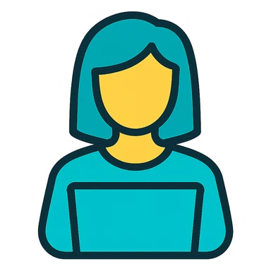 Icon style illustration of a teal woman at a laptop, minimal design, with a slightly larger head, matching the reference image. sticker