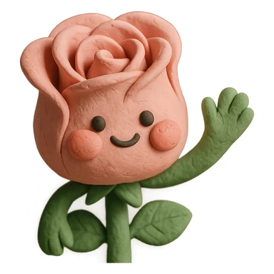 sweet claymation rose character, waving, soft pastel pink petals, super cute puffed cheeks, cartoon style, visible clay texture sticker
