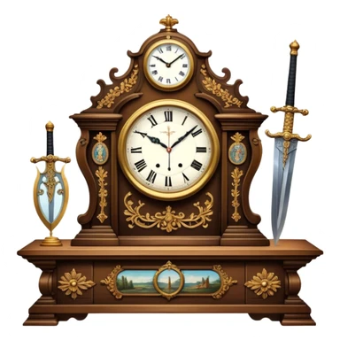 Icon for Antiques Collecting: a vintage clock, intricately carved furniture, famous paintings, antique swords, and rifles. The items are displayed on a wooden table or shelf. The icon should evoke the rich history and craftsmanship of antique collecting. Transparent background. sticker