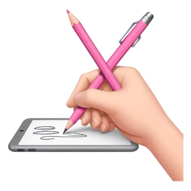 The hand writes with a pink pencil sticker