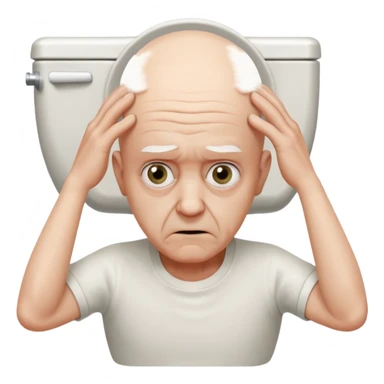 A bald person who’s very old is staring, he’s inside a toilet and his head is upright and looking at the camera with very wide eyes and his hands are putting pressure on his head, very scared expression sticker
