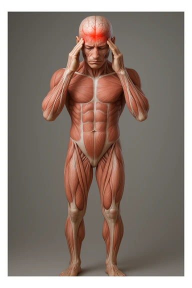 Full figure, hyperrealistic 4K medical illustration, exactly matching the style, pose, and composition of the reference: anatomical human body holding fingers on temples, contracted forehead, red spot on the forehead, expression of pain, clear background, extremely detailed, same lighting and style as reference. sticker
