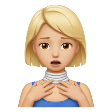 A blonde girl choking herself on the neck sticker