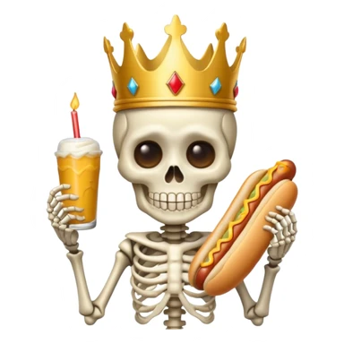 A cute skeleton wearing crown and holding hot dog sticker