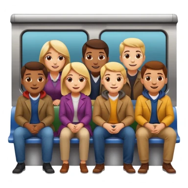 group of five cheerful people, men and women, standing and sitting close together in a subway car like Apple emoji subway, Apple emoji style sticker