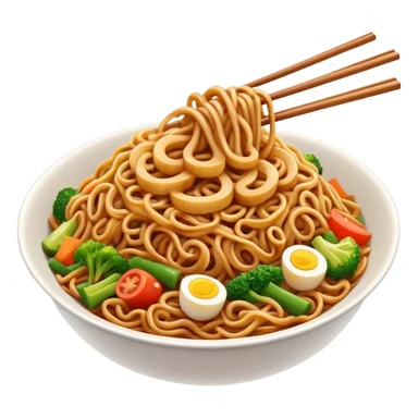 Cinematic Realistic Mie Goreng Dish Emoji, featuring stir‚Äêfried noodles with vegetables and meat rendered with dynamic textures and warm, appetizing lighting. sticker