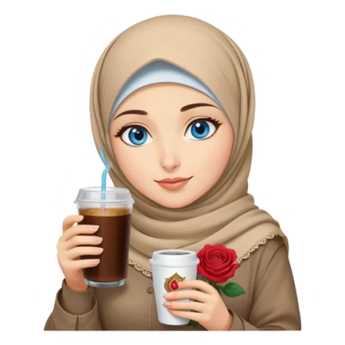 Turkish beautiful finish Konya girl blue eyes with beige denim hijab islamic dress and had on her hand Rose Cold brew coffee   sticker