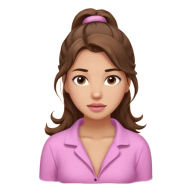 girl with wavy long ponytail brown hair, brown eyes, light to medium complexion, long lashes, light pink lipstick, wearing light pink shirt, in a hot sauna sticker