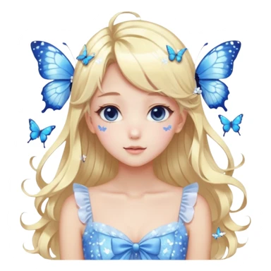 gorgeous shiny blushing pastel core glittery sparkly anime lady with butterflies and beautiful hair fairycore high quality detailed vogue trending aesthetic, blonde hair, blue and white dress sticker