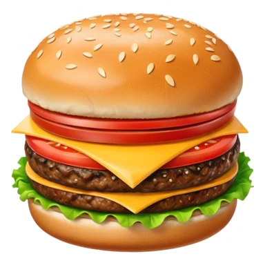 A classic single patty hamburger emoji, 3D Apple style, glossy and colorful. Soft rounded bun with sesame seeds, one beef patty, fresh lettuce, tomato slice, melted cheese, realistic but cartoonish look, clean white background sticker
