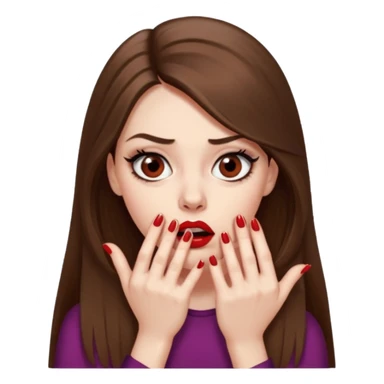 A girl with long brown hair, eyeliner, long lashes, light brown eyes, pale skin and red lipstick biting her nails looking scared and very nervous. sticker