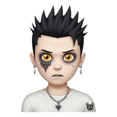 zombie boy with spiky emo black hair and white shirt , tattos, a risk on the eyebrow, earings,  a necklace emoji sticker