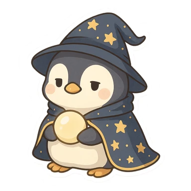 a chubby penguin in wizard attire, with a starry cloak and a glowing orb, looking wise and mystical sticker