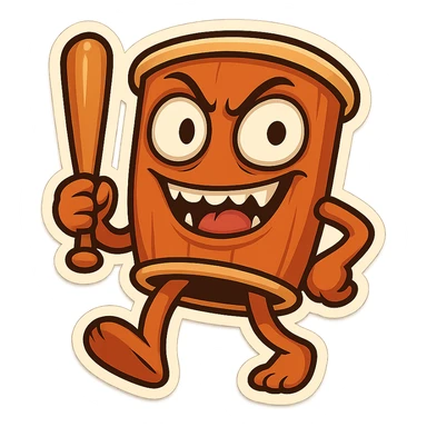 chibi emoji of Tun Tun Suhoor, wooden stick body with smooth brown texture, drum-like cylindrical body, holding baseball bat, cartoon style, bright vivid colors, expressive face, dynamic pose, a bit creepy yet funny,  sticker