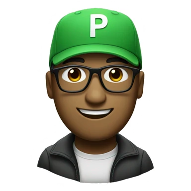 A man wearing a green cap with 'P' on it and black glasses sticker