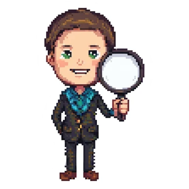 man with large magnifying glass, arched eyebrows, wide smile, pixel art style sticker