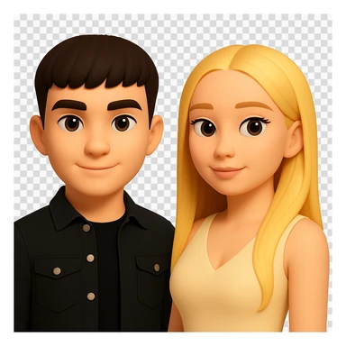 Slightly increase the volume of the upper body of the girl, separate the girl and the boy from each other, make the skin color the same for both characters. Maintain the cartoonish 3D style as in the reference image. Keep the background transparent. sticker
