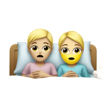 Two blonde children, each in their own bed at home, sick, sad, each wearing a surgical mask, one is a Boy, one is a girl, get well soon sign with yellow heart sticker
