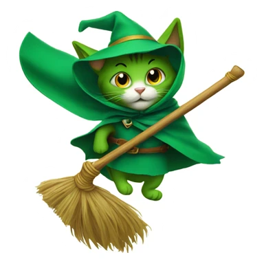 Green Cat on a broomstick with a cape  sticker