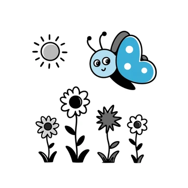 Blue butterfly with a cheerful smile flying around spring flowers and sunshine sticker