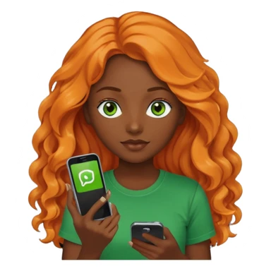Girl with dark long orange wavy hair, green eyes, and black t-shirt and phone with app on hand sticker