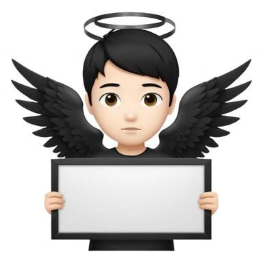 Asian Boy Angel with black hair black halo and black wings holding a large blank sign sticker