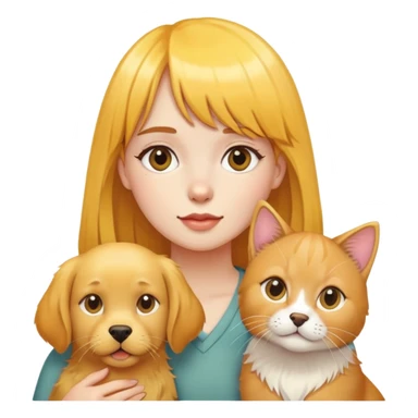 Girl with yellow bangs surrounded by golden retriever and three cats sticker