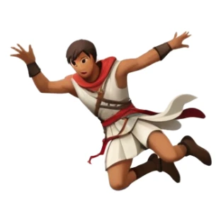 An icon featuring a hero performing a leap of faith from a tower in Florence, inspired by adventure games like Assassin's Creed. The design captures the dramatic moment mid-air, with detailed architecture and a bustling city below. Transparent background sticker