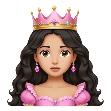 Very very tanned princess, with long black wavy hair and crown and an pink princess outfit with a cute pose switch hand on her face sticker