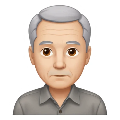 Close-up portrait of René Monclova. Light-skinned older man with round face and broad jaw. Short silver-gray hair with visible receding hairline. Warm brown eyes, thick eyebrows. Neutral expression. Wearing a dark button-up shirt. sticker