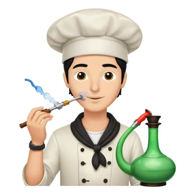 A white guy with black hair and smoking a hookah with a Chef's hat sticker