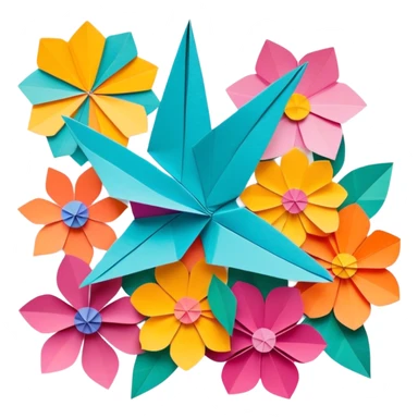 Paper crafting icon, various paper crafts like origami, paper flowers, and scrapbooking materials, visible tools, colorful paper patterns, minimalistic style, clean lines, transparent background. sticker