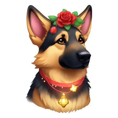 Midnight starry Brindled German shepherd fox carrying glowing red lantern, fairy lights, rose flower crown sticker
