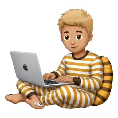 man in striped pajamas and fuzzy slippers typing on a laptop, emoji style sticker