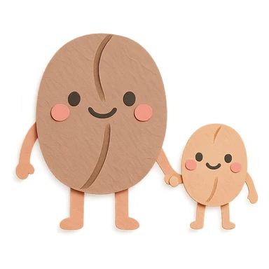 kawaii coffee bean character family, big bean and small bean holding hands, soft pastel colors, full body sticker