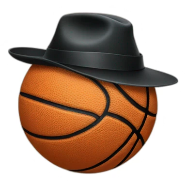 A basketball with a black hat sticker