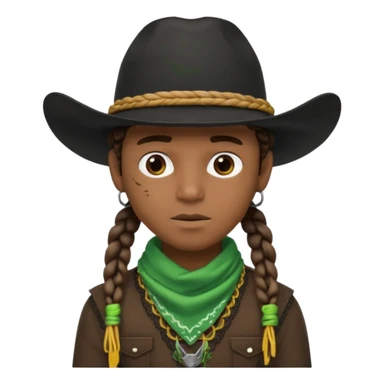 Black boy with 3 braids on each side of face wearing a black cowboy hat with green bandana around his neck sticker