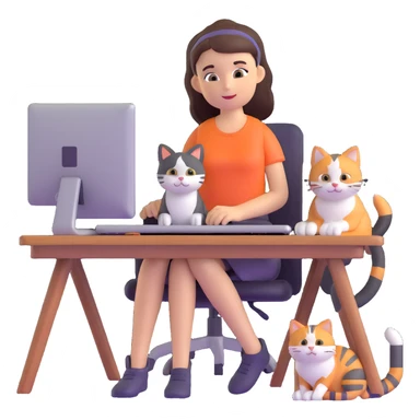 a girl at a desk with a computer with a cat lying beside the computer sticker