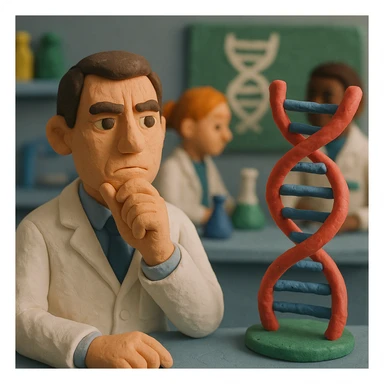 A modern day doctor thinking and studying DNA and genetics in a laboratory with other scientists sticker