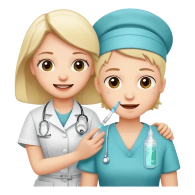 Create a cute, funny sticker-style story in a cartoon illustration.
Scene sequence shows a nervous patient getting an injection from a kind nurse.
 sticker
