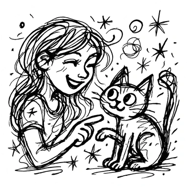 beautiful girl with long hair playfully interacting with a cute cat, wild scribbled lines and whimsical details sticker