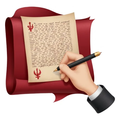 Minimalist emoji-style sticker of a pale hand signing a parchment contract titled “YOUR SOUL” in gothic font, muted red ink, grayscale background sticker
