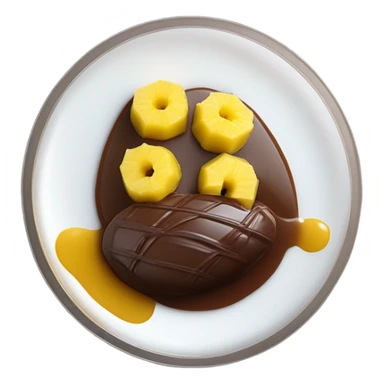 Chocolate and vanilla quenelle on glass plate with 3 drops of pineapple sauce sticker