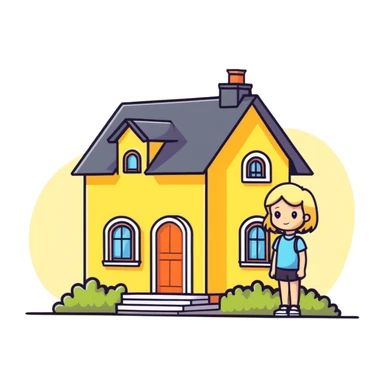 a blonde girl standing outside a small cute home sticker